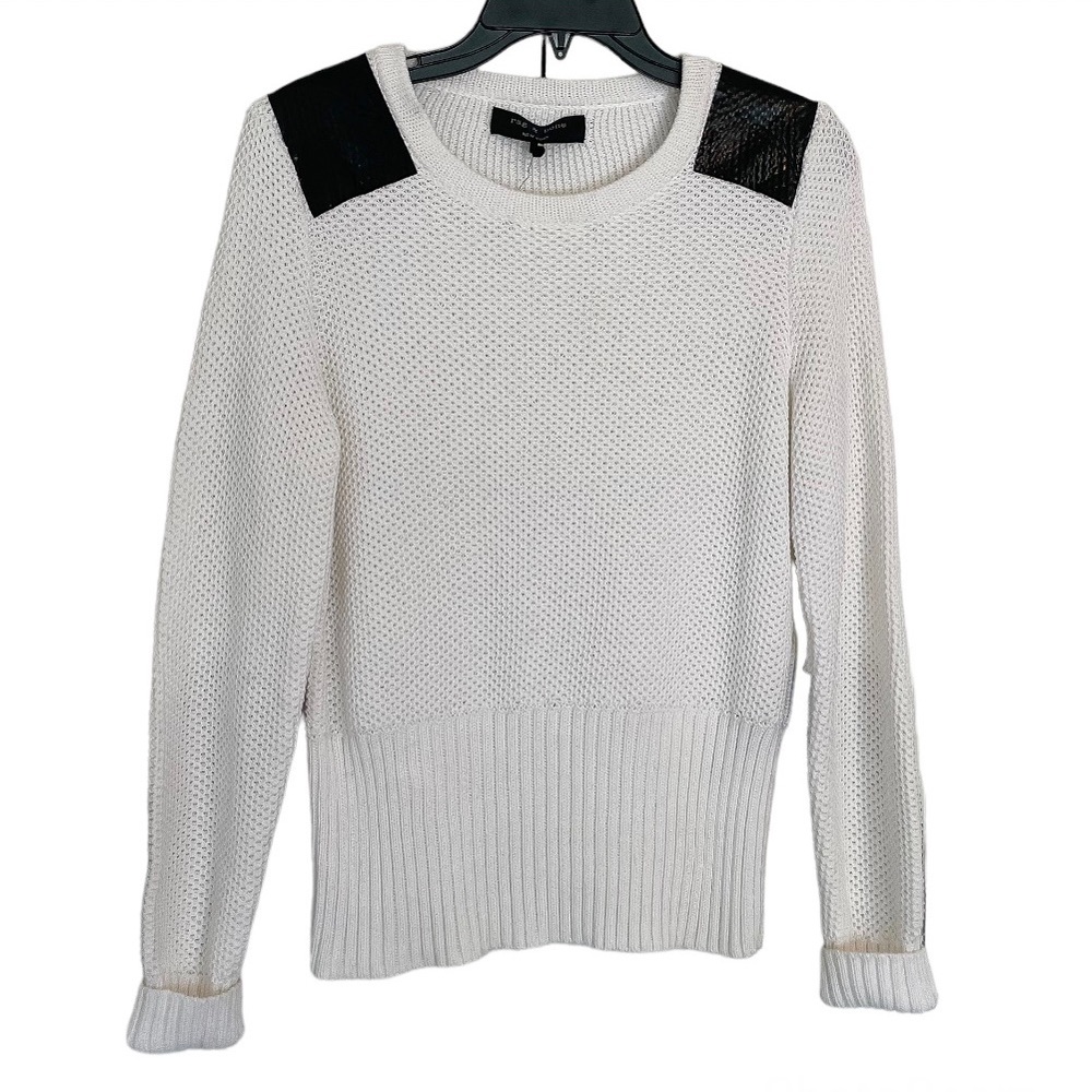 Rag & bone White Knit Crewneck Sweater Black Patent Patchwork Sz Large - Picture 1 of 10